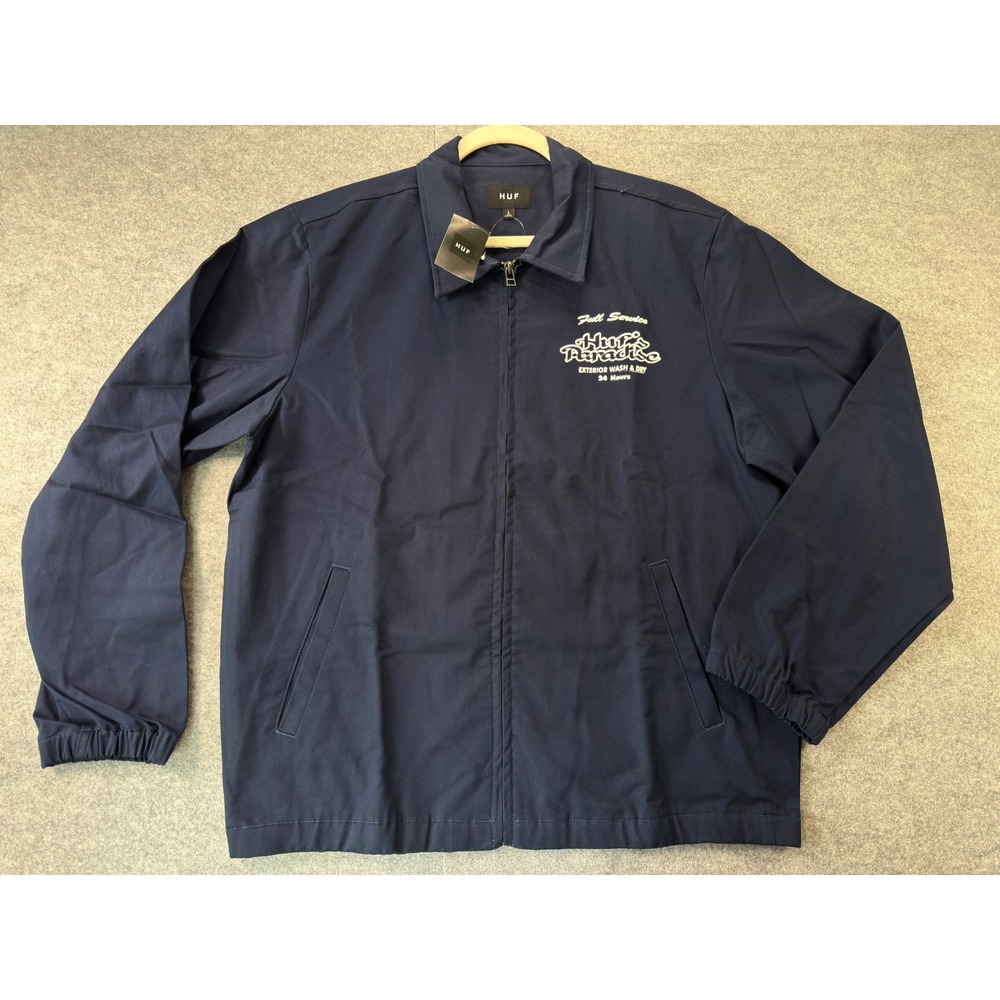 HUF Full Service Shop Jacket Mens Large Navy Blue Graphic Twill Zip JK00464 NEW